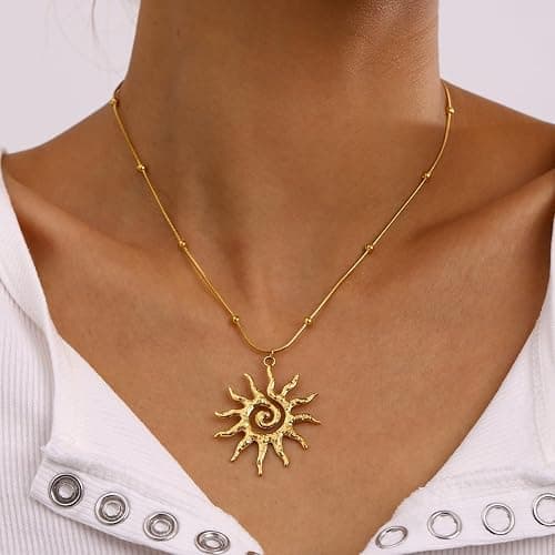 LAIHUARYWA Elegant 18K Gold Plated Necklace for Women Sun Moon Pendant Necklace Boho Vintage Hammered Circle Coin Necklaces for Women Minimalist Spiral Design Prom Birthday Gift for Her thumbnail 2