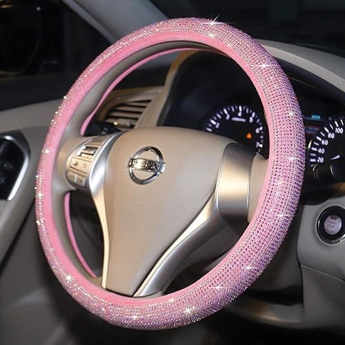 Car Sparkly Rhinestone Steering Wheel Cover Pink for Women Girls Cute Bling Colorful Diamonds Anti-Slip Wheel Protector, Small Size 14 inch -14 1/4 inches 14.5'' thumbnail 2