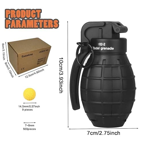 Toy-Hand Grenade for CS Battle Game,with 9 Foam Ammo Model Tactical CS-Grenade Fun Impact Gel Toys Halloween Outdoor Sport for Age 14 Years Old and up and Adults,Black thumbnail 2