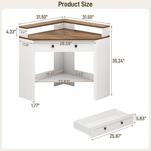 Corner Desk, Triangle Computer Desk Home Office Workstation with Drawer and Monitor Stand for Small Spaces Farmhouse Corner Vanity Table for Bedroom Study, Living Room (Rustic White and Brown) thumbnail 3