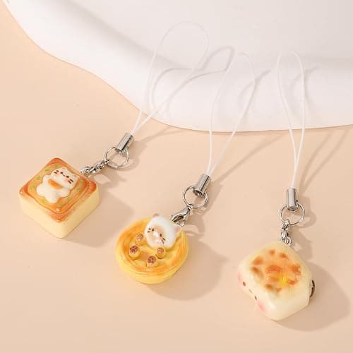 GAXAYA 3PCS Cute Cat Bread Phone Charms Strap for Women Kawaii Kitten Toast Keychains for Bags Backpack thumbnail 2