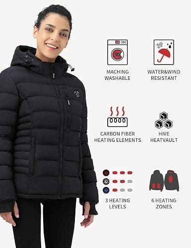 iHood Women's Heated Puffer Jacket With 12V Battery Pack-Insulated Water-Resistant Hooded Hand-Heating Electric Heated Jacket thumbnail 3