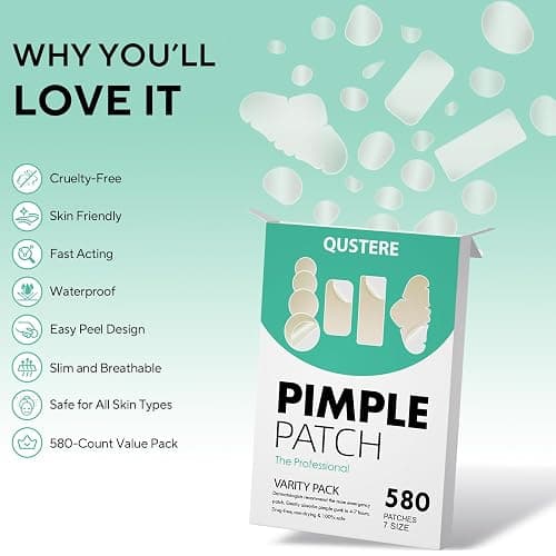 QUSTERE 580 Count Pimple Patches for Face, Large Hydrocolloid Acne Patches Stickers Bandages, Blemishes Zit Breakouts for Cheeks, Forehead, Chin, Nose for Full Face & Body | 7 Sizes | 4 Shapes thumbnail 5