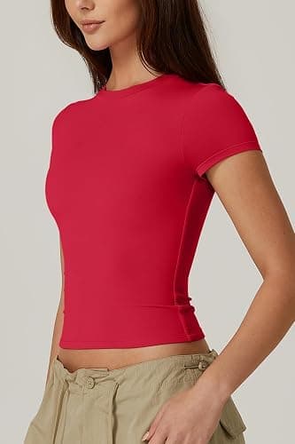 QINSEN Women's Crew Neck Short Sleeve Double-Layer Tops Basic Slim Fit Going Out T Shirt thumbnail 6