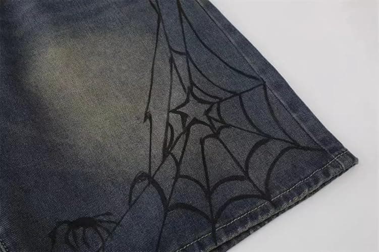 POHADON Y2K Blue Denim Shorts Summer Casual Loose Straight Leg Unisex Baggy Jeans Shorts Jorts Grunge Harajuku Streetwear - Small - Spider thumbnail 3