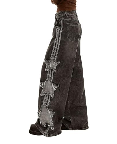 Lafaguw Baggy Jeans for Woman Girls Star Patchwork High Waist Cute Jean Streetwear Loose Pants Grunge Emo Clothing thumbnail 3