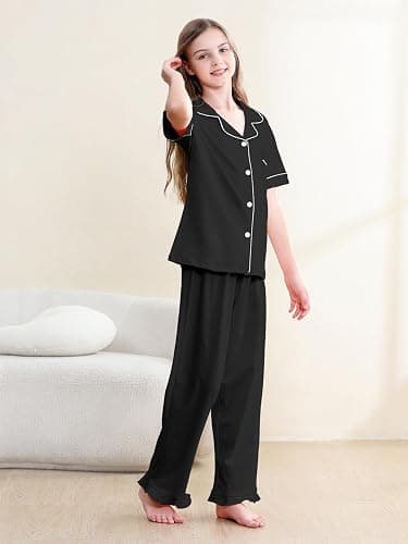 QZH.DUAO 3 Piece Girls Pajama Sets 100% Cotton Ruffle Long Pants with Shorts Sleepwear 3pcs Button Down PJs 5-14 Years thumbnail 6