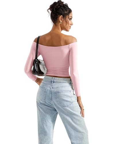 SUUKSESS Women Off Shoulder Double Lined Long Sleeve Shirts Basic Going Out Tops thumbnail 8