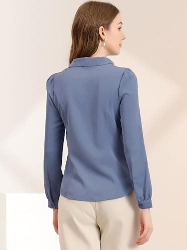 Allegra K Women's Peter Pan Collar Blouse Bow Tie Neck Vintage Casual Office Button Up Shirt Small Dusty Blue thumbnail 5