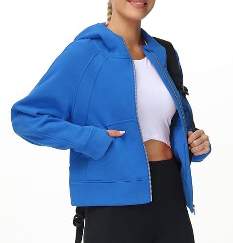 THE GYM PEOPLE Women's Full-Zip Up Hoodies Jacket Fleece Workout Crop Tops Sweatshirts with Pockets Thumb Hole thumbnail 2