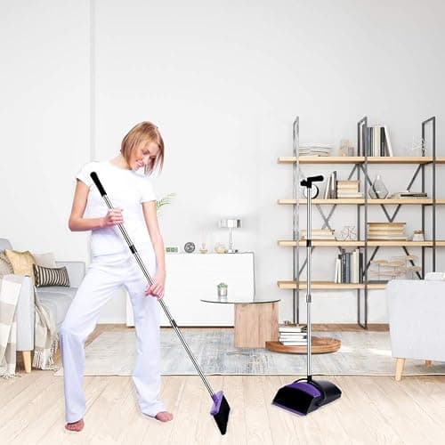 Broom and Dustpan Set, Upright Purple Dustpan Broom, 51" Long Handle Broom and Self Cleaning Dustpan for Home, Kitchen and Office thumbnail 8