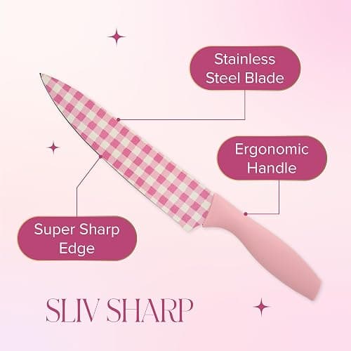 Paris Hilton Kitchen Knife Set, Stainless Steel Blades with Ergonomic Soft Touch Handles and Blade Guards, Gingham Design, 12-Piece, Pink thumbnail 6