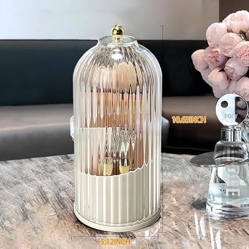 TOOCA BEAR Makeup Brush Holder Organizer 360°Rotating Cosmetic Tools Holder with Lid Sliding Door Dustproof&Waterproof for Vanity Bathroom Bedroom,Transparent thumbnail 2