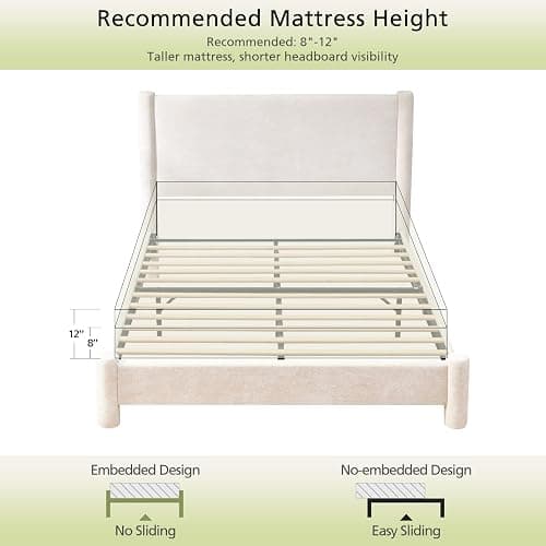 VELOCAVA Queen Size Upholstered Platform Bed Frame with Soft Rounded Corners, 44.88" Tall Headboard, Luxury Plush Velvet Upholstery, 11 Slats & 5 Center Legs, No Box Spring Needed, Cream White thumbnail 8