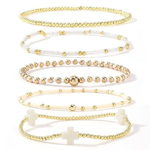 SHINUS BOHO 5Pcs Gold Plated Cross Beaded Bracelets Stack Set for Women,Stretch Stackable Boho Colorful Beads Ball Jewelry Friendship Summer Daily Wear Trendy - Image 1