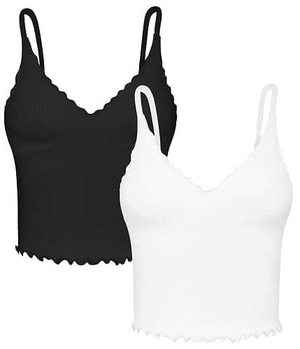 Sunzel Tank Top for Women, V Neck Seamless Ribbed Crop Camisole with Ruffles - Image 1