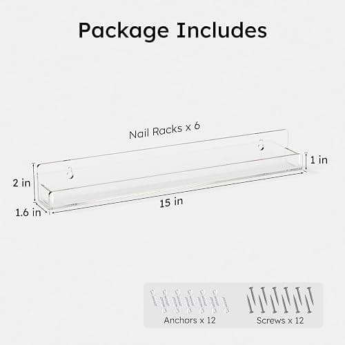 FEMELI Nail Polish Wall Rack: 6 Shelves 15 Inch Clear Acrylic Nail Polish Organizer for 66-90 Bottles Multi-Purpose Acrylic Floating Shelves (15 Inch, Clear) thumbnail 3