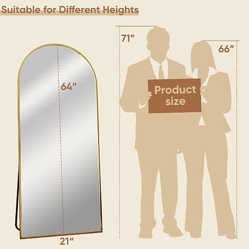 Homsion Full Length Mirror with Stand, 64"x21" Arched Mirror Large Standing Mirrors, Tall Mirrors Body Floor Mirror for Bedroom Living Room Aluminum Frame, Gold thumbnail 2