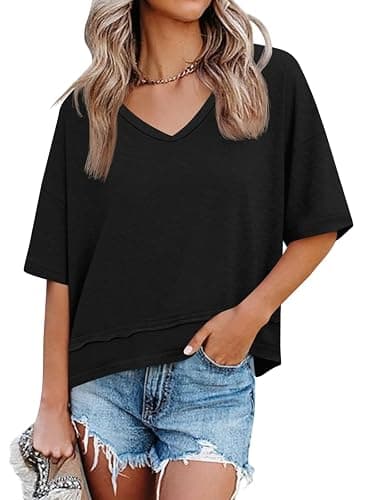 Cicy Bell Womens Summer V Neck T Shirts Casual Short Sleeve Flowy Tops Cute Loose Fit Basic Tees - Image 1