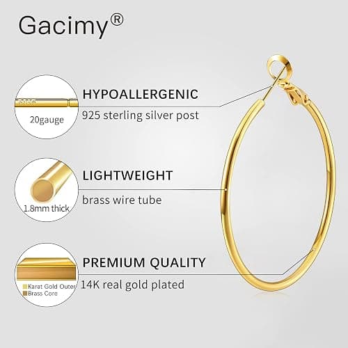 Gacimy Gold Hoop Earrings for Women 14K Gold Plated, 925 Sterling Silver Post Hypoallergenic Earrings Hoops for Women thumbnail 3
