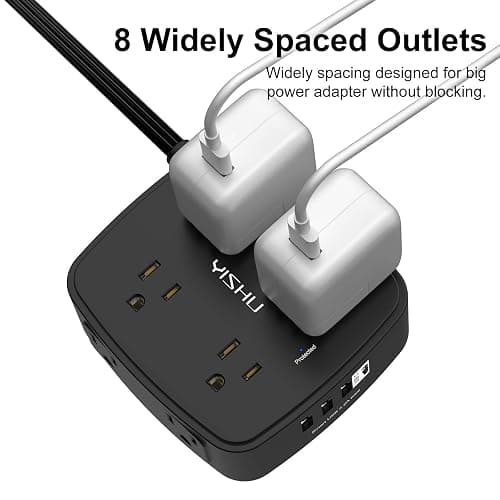 10 Ft Surge Protector Power Strip - YISHU 8 Widely Outlets with 4 USB Ports, 3 Side Outlet Extender with 10 Feet Flat Extension Cord, Ultra Flat Plug, Wall Mount, Desk USB Charging Station, ETL, Black thumbnail 4