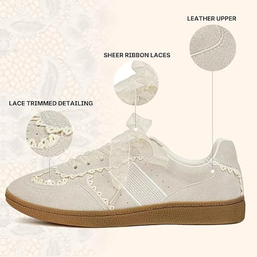 BeeLg Casual Sneakers for Women Lace Detail – Elegant Ribbon Lace-Up Fashion Sneakers with Leather Upper Memory Foam Insole and Slip On Trendy Casual Shoes for Women thumbnail 3