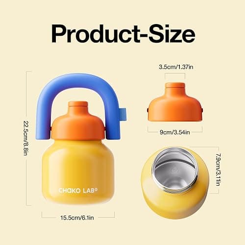 CHAKO LAB Water Bottle with Straw and Carry Handle | Wide Mouth vacuum insulated stainless steel Bottles | Reusable, leak-proof and BPA-free | 33oz(Yellow and blue) thumbnail 3