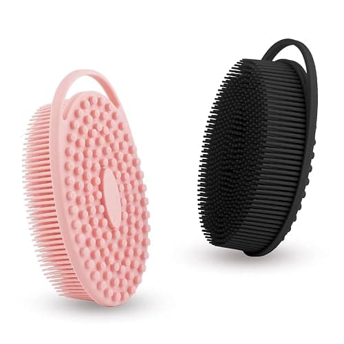 Soft Silicone Body Scrubber 2 PCS Silicone Body Shower, Silicone Loofah 2 in 1 Bath and Shampoo Brush, Body Scrubber Shower Cleaning Exfoliating Use for Sensitive Skin, Lather Well(Black and Pink) - Image 1