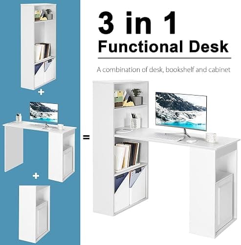 COSTWAY 122cm Computer Desk, Wooden PC Laptop Table Writing Workstation with 6-Tier Storage Bookshelves, Modern Home Office Working Study Desk (White) thumbnail 4