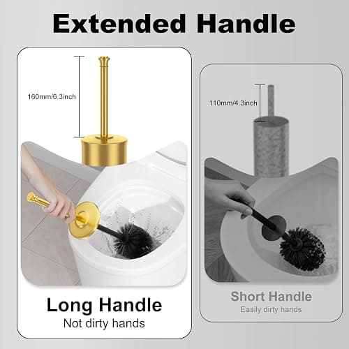 Brass Toilet Brush and Holder，Long Handled Gold Toilet Brush for Bathroom，Stainless Steel Heavy Duty Toilet Bowl Brush,Removable Inner Bowl,Deep Cleaning Dense Bristles Cleaner Brush -Space Saving thumbnail 5