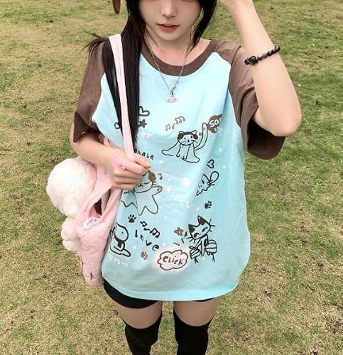 Y2K Kawaii Cute Cat Print T-Shirts for Women Patchwork Harajuku Oversize Top Round Neck Cutecore Tee Tops thumbnail 2