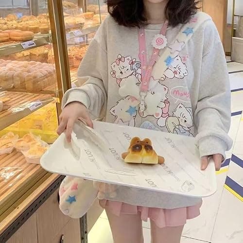 Y2k Harajuku Kawaii Grey Preppy Style Sweatshirt Women Japanese Fashion Cute Casual Cat Print Loose Hoodie thumbnail 3