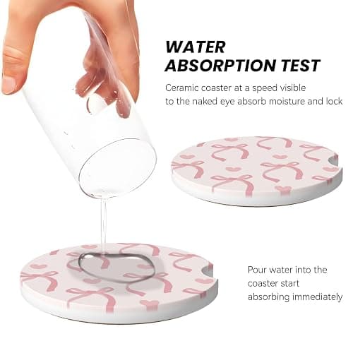 Pink Bow Love Heart Car Cup Holder Coaster 2 Pack Absorbent Ceramic Car Coasters for Cup Holders Car Accessories Interior for Women Men Universal Anti Slip Cork Base Cup Coasters with Finger Notch thumbnail 4
