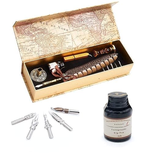 GC QUILL Antique Quill Pen Unique Half-Patterned Feather Pen Set with 6 Nibs 1 Bottle of Ink 1 Seal Stamp 1 Pen Holder 1 Sealing Wax LL-149 thumbnail 8