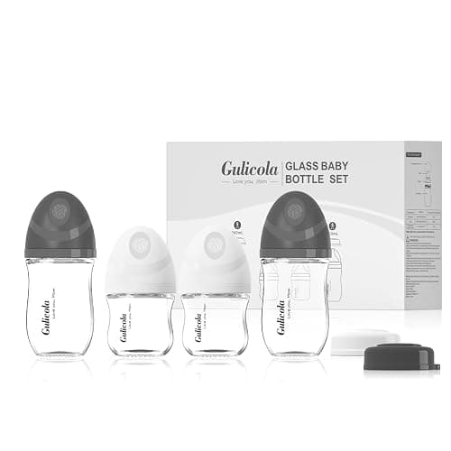 Gulicola Natural Glass Baby Bottles Set 4 Pack, Newborn Boy Breastfeeding Bottles with Slow Flow Nipples, 0 Months+, 3 oz & 5 oz - Black/White - Image 1