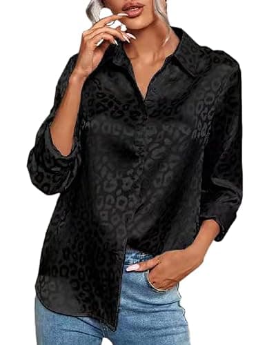 NIGHTMISS Women V Neck Long Sleeve Button Down Satin Office Dress Shirt Leopard High Low Hem Button Work Blouse - Image 1
