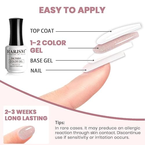 RARJSM Nude Pink Gel Polish Rainbow Glitter Iridescent Shimmer Pigment Jelly Neutral Color Skin Tone 15ml Sparkle Pink Natural Soak off UV LED Cured for Home Salon DIY Nail Art thumbnail 7