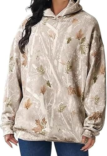 Men Camo Hoodie, Camo Leaf Printed Essential Hoodies, Comfort Trendy Sweatshirt with Pockets, Long Sleeve Loose thumbnail 2