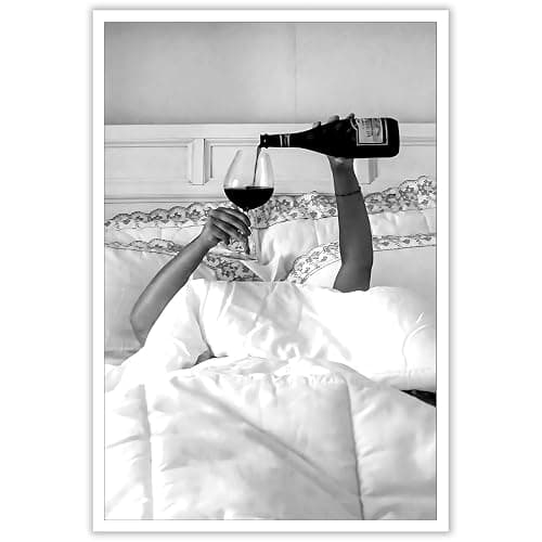 Quark Vintage Feminist Wall Decor Funky Black and White Canvas Wall Art Aesthetic Posters Trendy Woman Drinking Wine in Bed Print - Photo for Tavern Bar She Shed Man Cave Home Bar 12x16in Unframed - Image 1