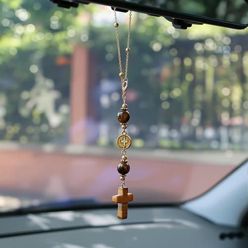 Cross Crystal Hanging Car Charm,Cute Healing Stones Car Decor for Rear View Mirror Boho Handmade Sun Catcher Ornament Accessories Tiger Eye Crystal Protection for Women thumbnail 3