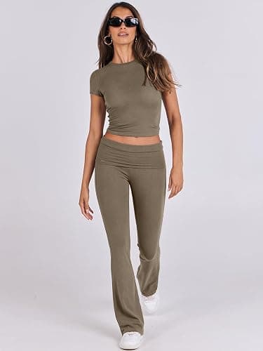 ANRABESS Lounge Sets for Women 2 Piece Foldover Yoga Flare Leggings Pants Crop Tops Casual Y2K Outfits Matching Tracksuit Set - X-Small - Coffee Grey thumbnail 9