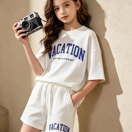 Klyatpxoen Size 6-12 Years Girl's Tracksuit Sets 2 Piece Outfits Letter Print Vacation Tee Top and Drawstring Waist Shorts thumbnail 2