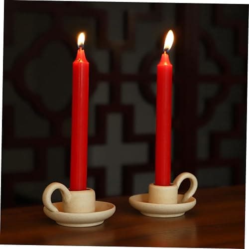 DOITOOL 2 Pcs Ceramic Candle Holder, Taper Candle Holder with Handle, Nordic Style Vintage Candlestick Holder for Halloween Christmas Home Decoration Desktop Ornament (Beige) thumbnail 2