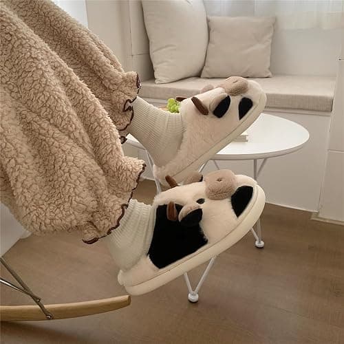 XIXITIAO Slippers For Women,Cow Slippers,Womens Fuzzy Slippers,Cute Animal Cartoon Fluffy Plush House Slippers For Women Men Indoor thumbnail 3