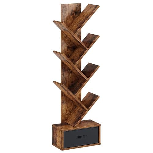 Rolanstar 7 Tier Bookshelf with Drawer, Tree Bookshelf, Small Bookshelves with Storage Rack for CDs/Movies/Books, Standing Book Shelf, Tall Narrow Bookcase for Living Room, Bedroom, Rustic Brown - Image 1
