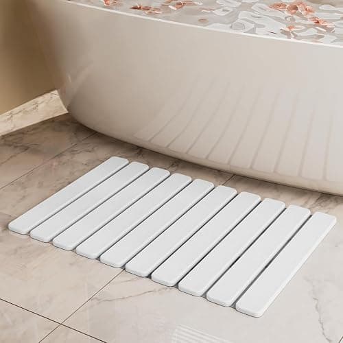 DAWNTREES Foldable Stone Bath Mat, 60x40 cm Super Absorbent Diatomaceous Earth Mat, Non-Slip Quick Drying Mat, Compact and Easy to Store Bath Mats for Bathroom, Easy to Clean, White - Image 1