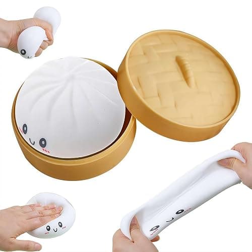 Colorful Dumpling Squishes Stress Balls, Cute Anxiety Relief Fidget Toy, Soft Squeeze Decompression Dough for Adults, Simulation Food Squishies Bun with Steamer - Image 1