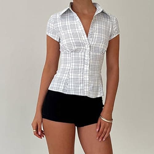 Women Y2k Short Sleeve Button Up Shirt Lapel Collar V Neck Plaid Open Front Blouse Basic Casual Going Out T-Shirt thumbnail 3