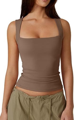 QINSEN Women's Square Neck Sleeveless Double-Layer Tank Tops Basic Tight T Shirts - Image 1