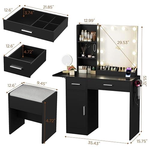ERLEJIA Vanity Desk with Mirror and Lights, 39.37" 4 Drawers Makeup Desk Without Stool, Extra Foldable Desk with 3 Open Shelves Make Up Table for Girls and Ladies Bedroom, Black thumbnail 2